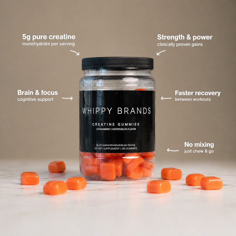 A jar of Whippy Brands creatine gummies with orange chewable pieces around it. Text highlights include 5 grams of creatine monohydrate per serving, supports strength and power, aids faster recovery, supports brain and focus, and requires no mixing—just chew and go.